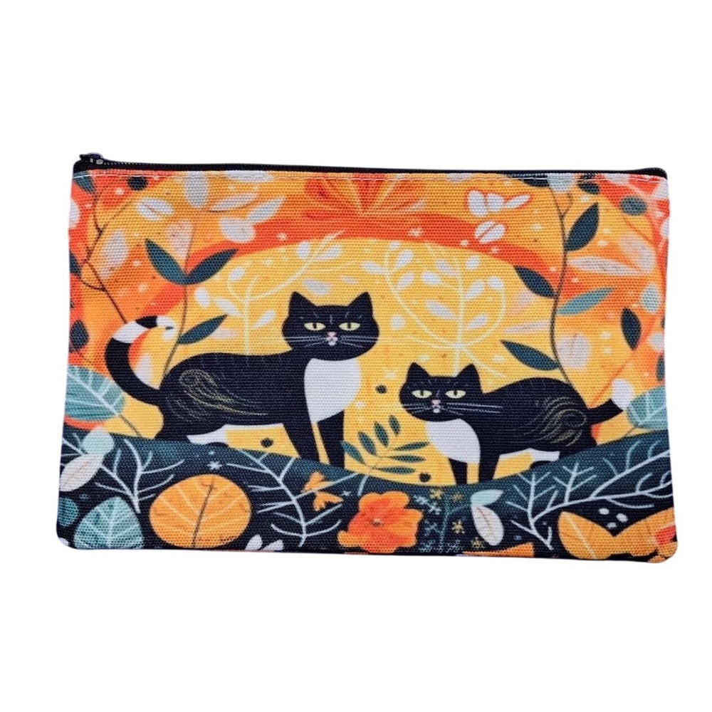 Tuxedo Cat Print Zipper Pouch Cosmetic Makeup Bag Floral Leaves New‎